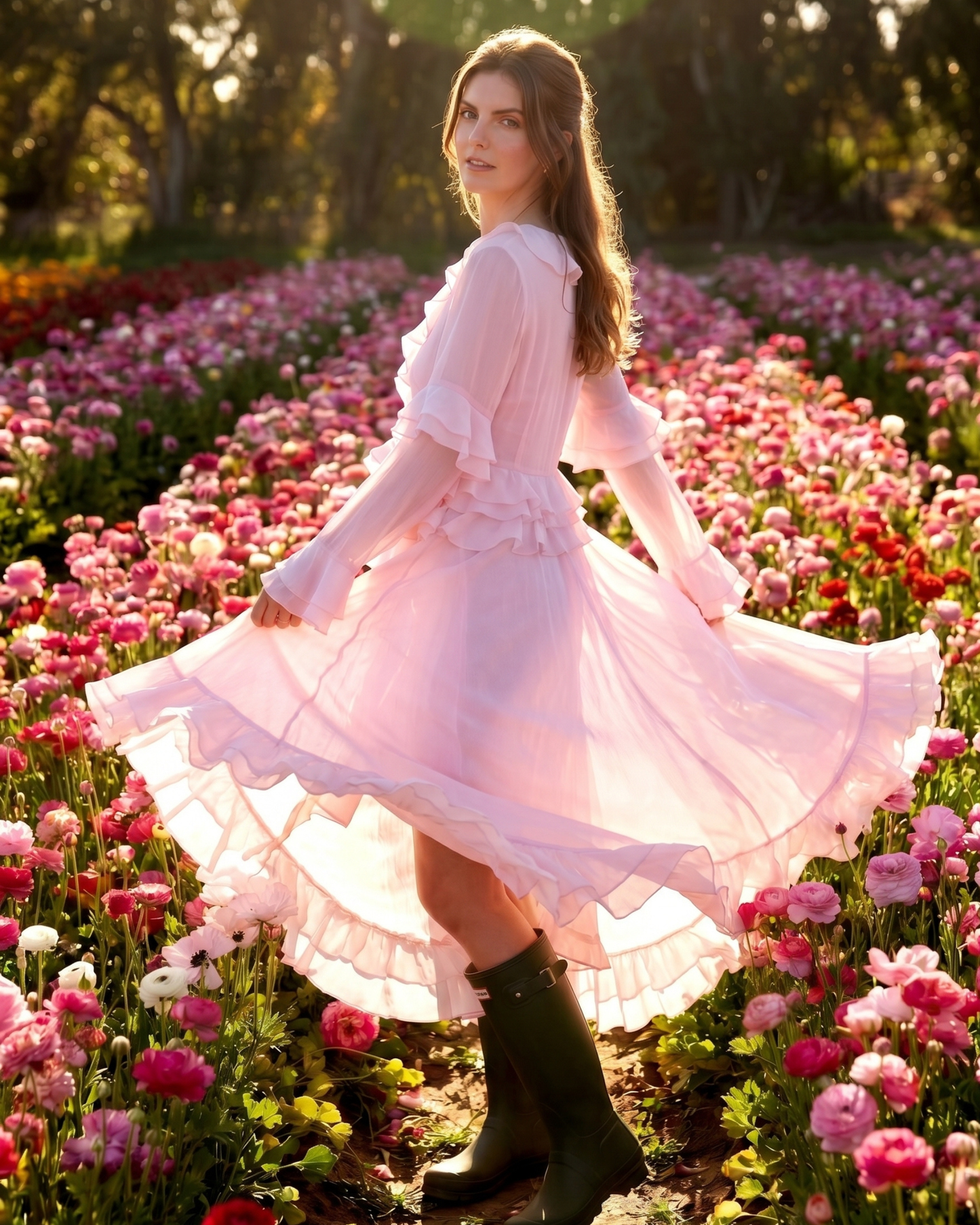 Soft Pink Tencel Tiered Ruffle Dress