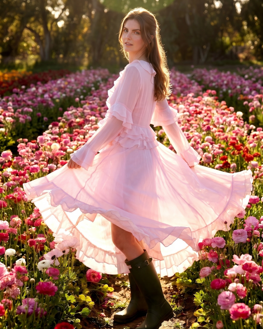 Robe étagée à volants en Tencel rose pâle