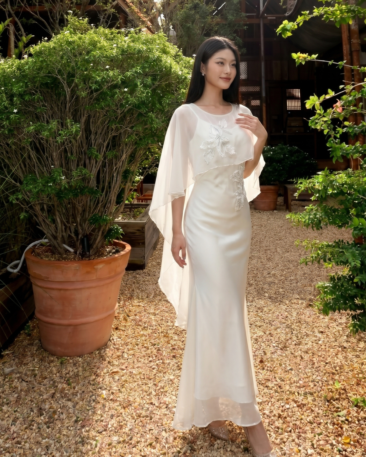 White Midi-Length Dress with Overlay