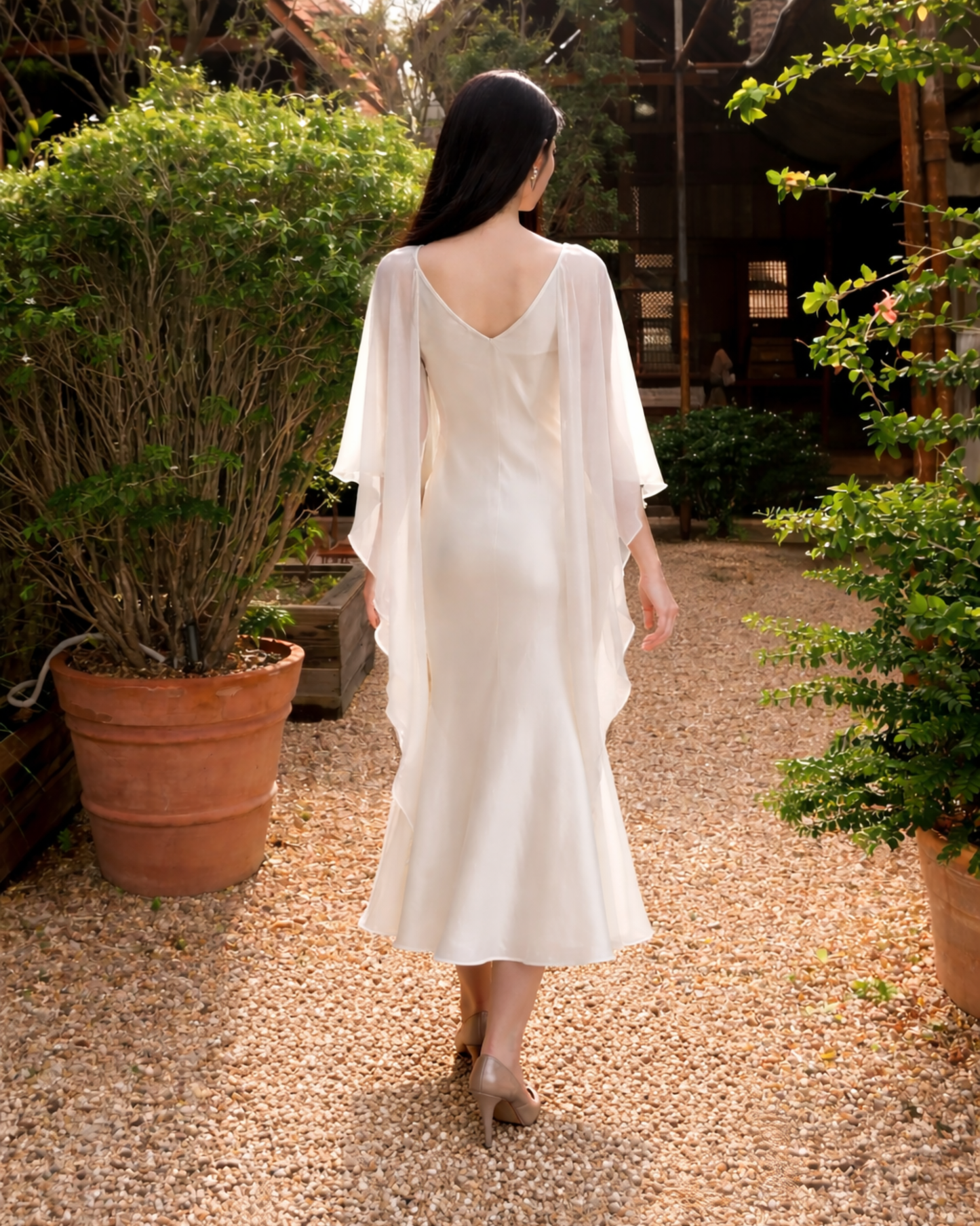 White Midi-Length Dress with Overlay