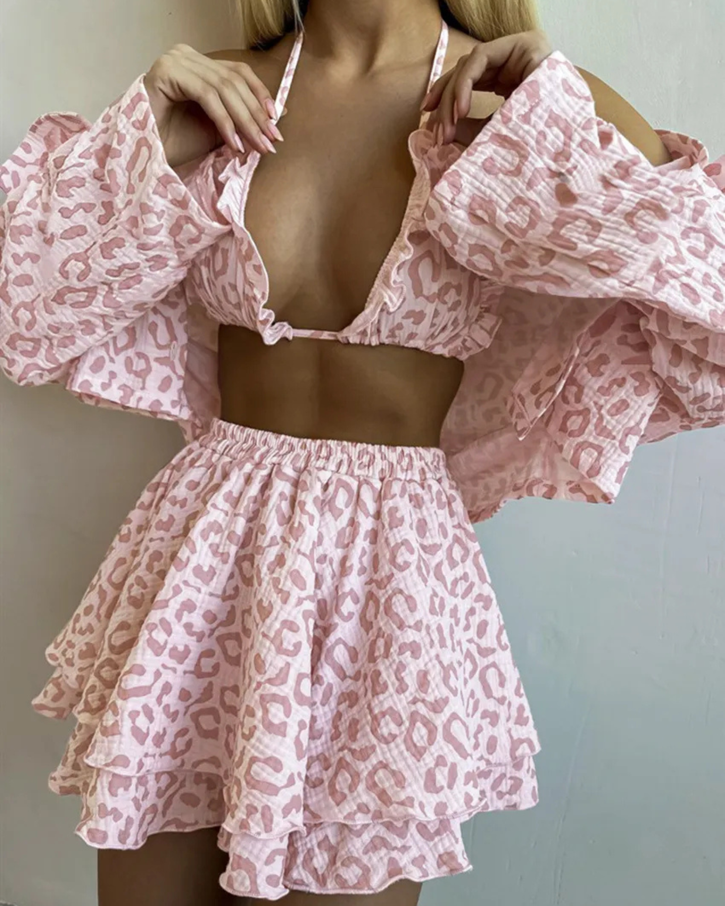 Heart Print Long Sleeve Top, Bikini Top & Mini Skirt – 3-Piece Cotton Set