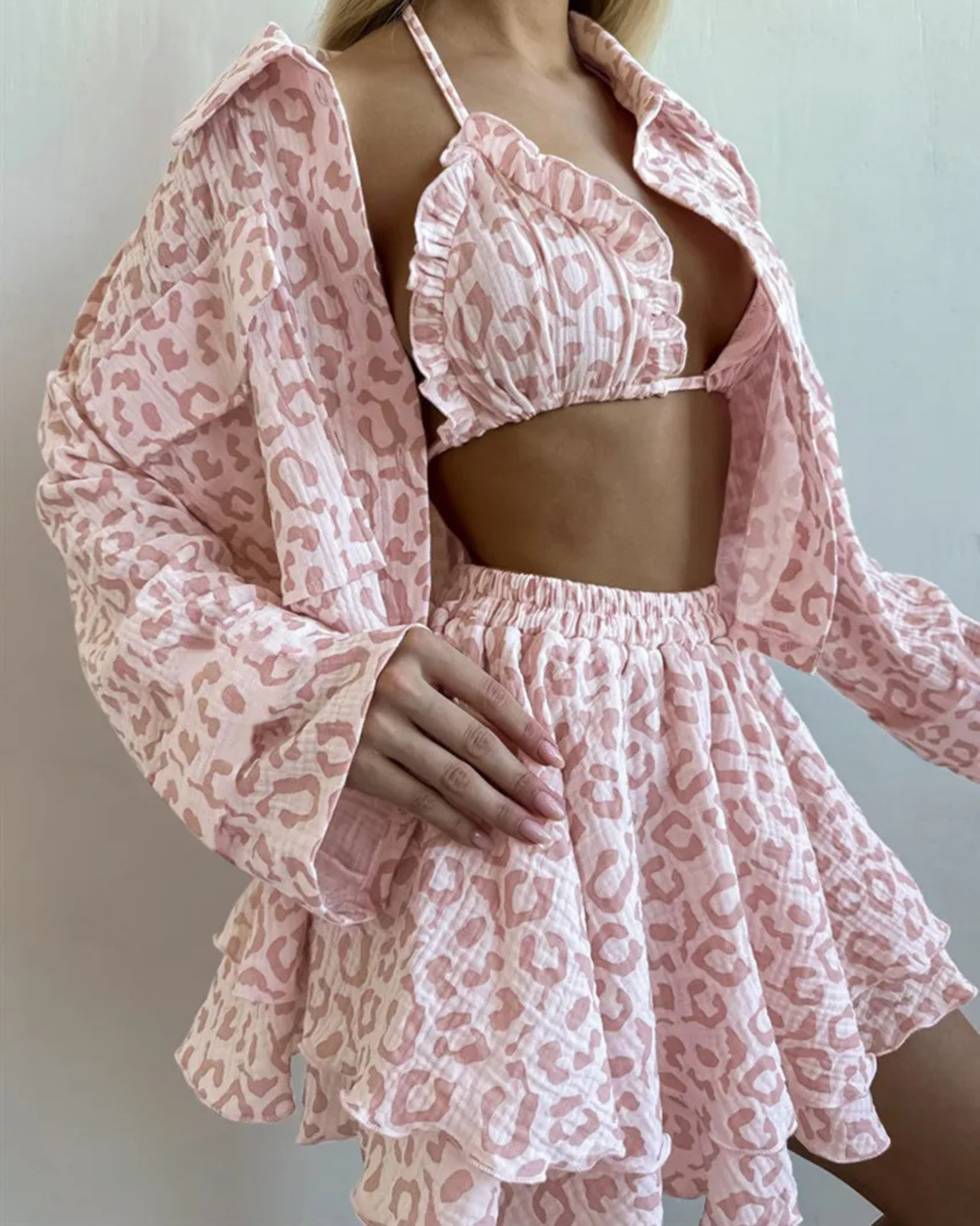 Heart Print Long Sleeve Top, Bikini Top & Mini Skirt – 3-Piece Cotton Set
