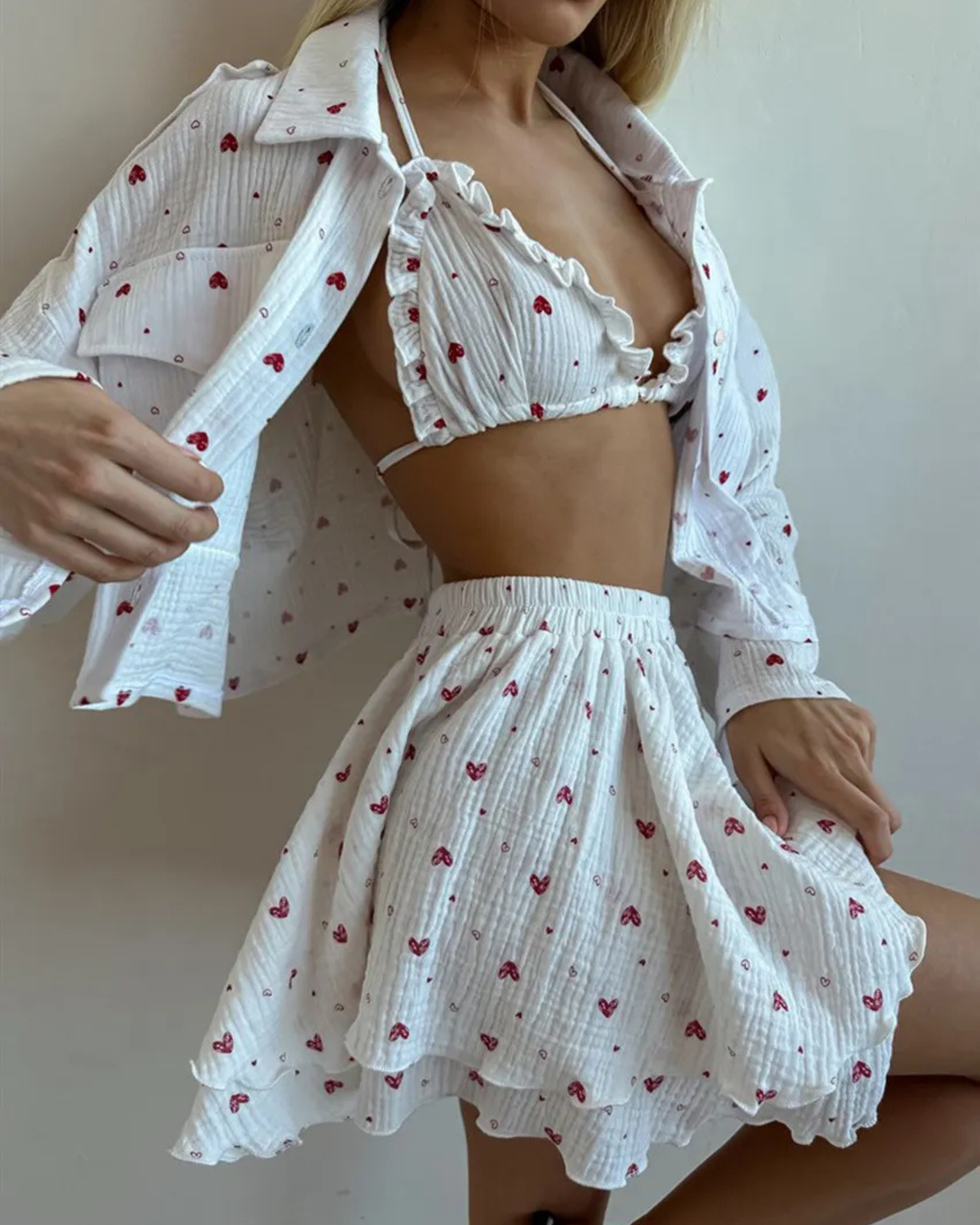 Heart Print Long Sleeve Top, Bikini Top & Mini Skirt – 3-Piece Cotton Set