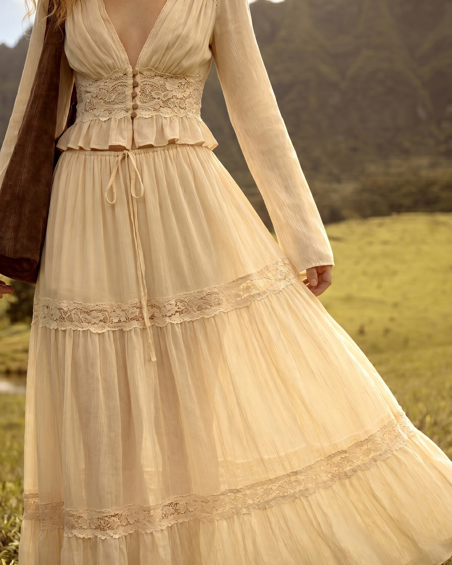 Bohemian Lace Two-Piece Maxi Set – Long Sleeve Crop Top and Tiered Skirt