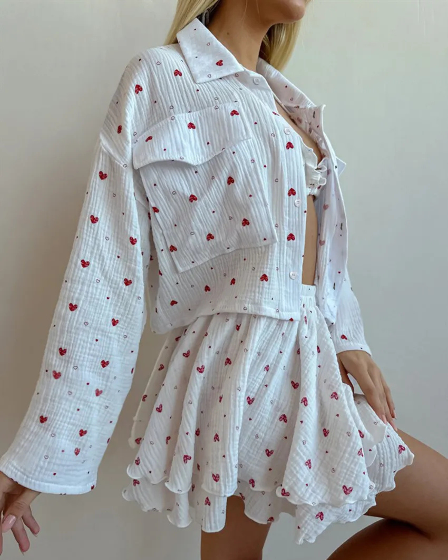 Heart Print Long Sleeve Top, Bikini Top & Mini Skirt – 3-Piece Cotton Set