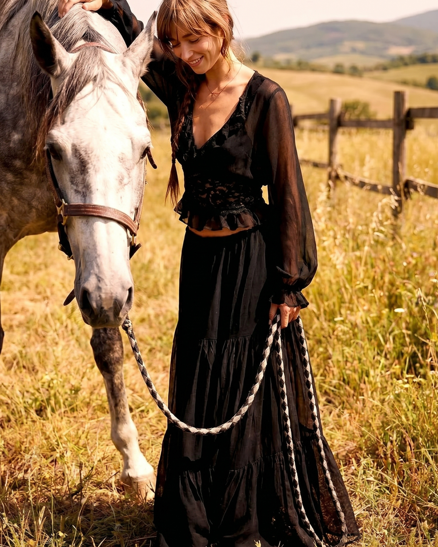Bohemian Lace Two-Piece Maxi Set – Long Sleeve Crop Top and Tiered Skirt