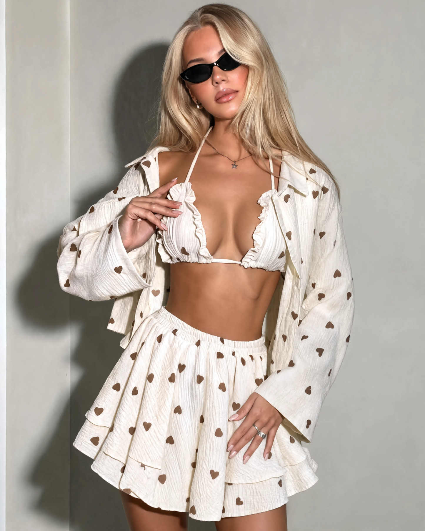 Heart Print Long Sleeve Top, Bikini Top & Mini Skirt – 3-Piece Cotton Set