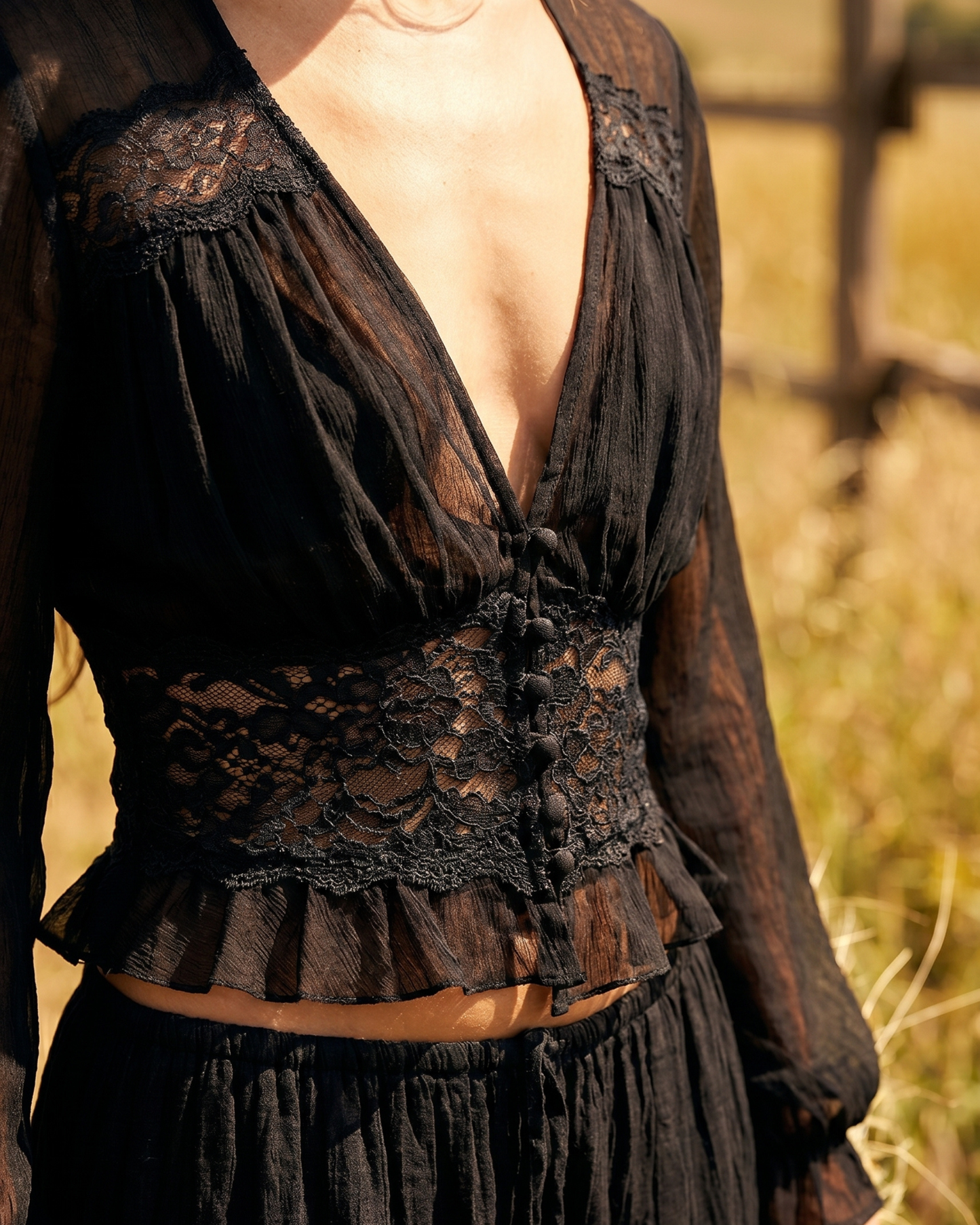 Bohemian Lace Two-Piece Maxi Set – Long Sleeve Crop Top and Tiered Skirt