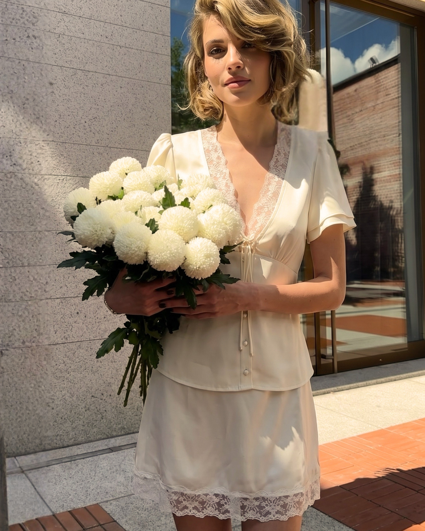 Damen-Fashion-Set mit taillenschnürender Spitze und kurzen Ärmeln