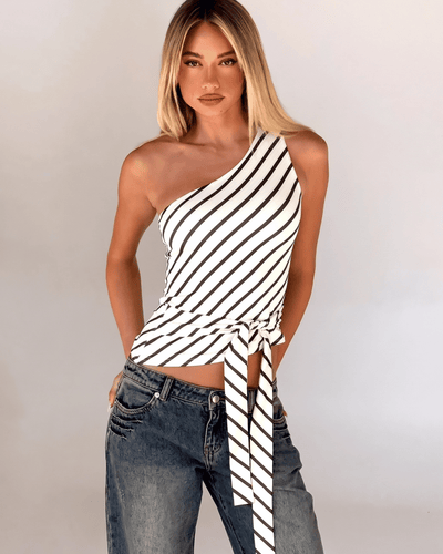 Womens Ruffle Asymmetrical Shoulder Striped Tank Top