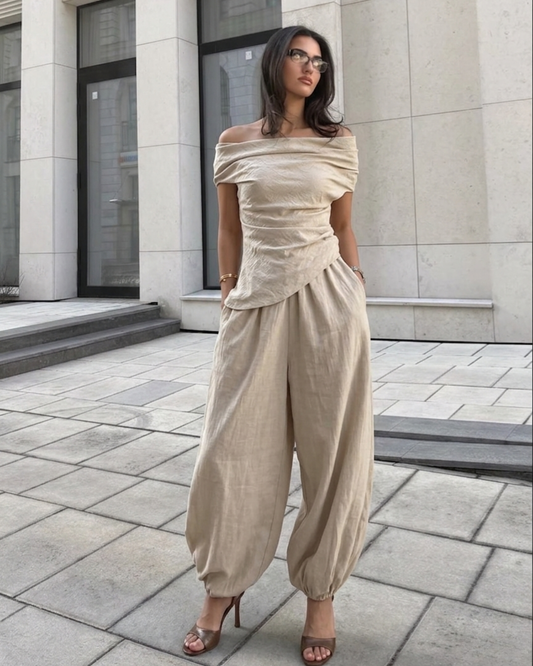 Woman’s Asymmetrical Khaki & Off white 2 two Pieces set One-Shoulder Draped Patchwork Top and Balloon Pants .