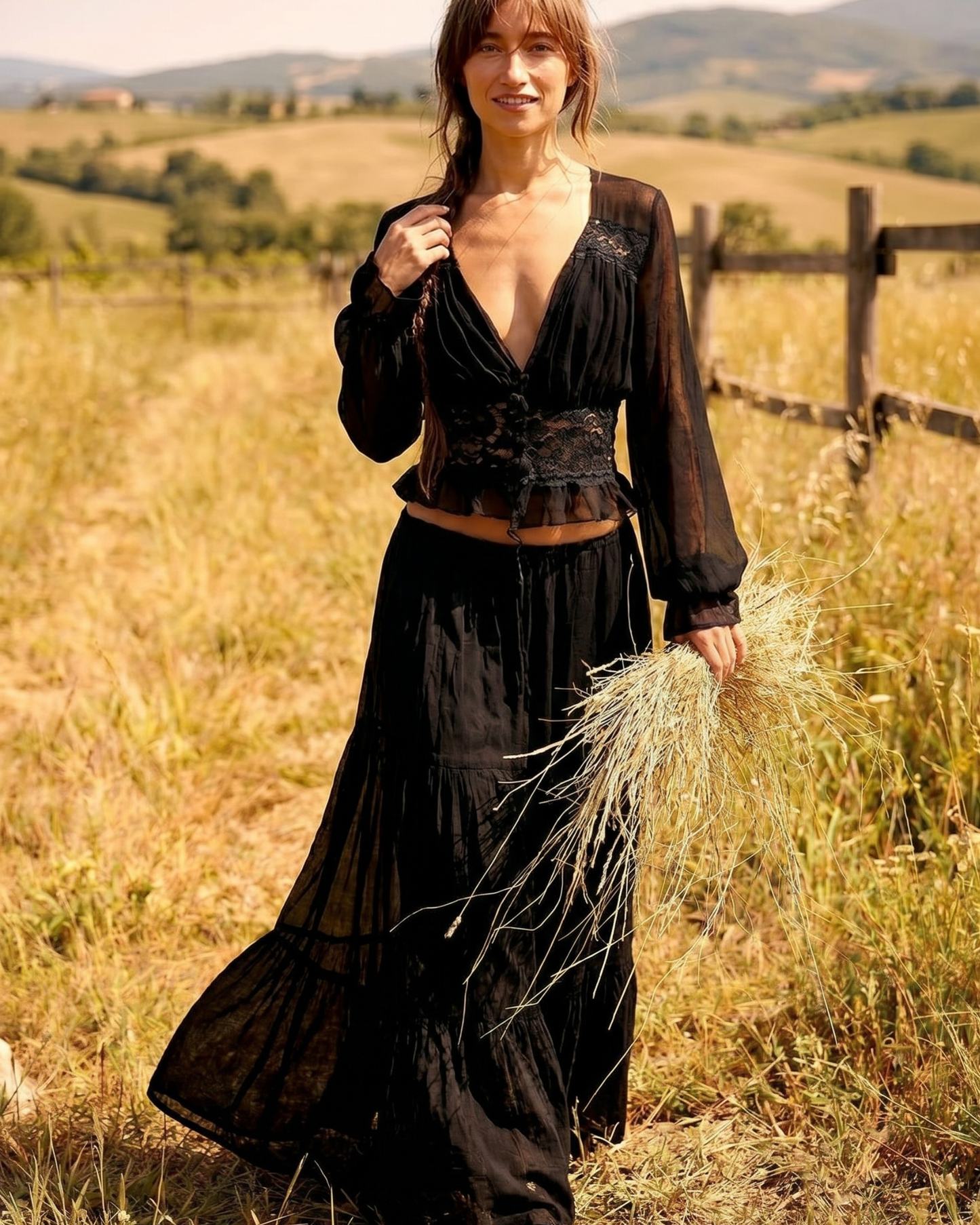 Bohemian Lace Two-Piece Maxi Set – Long Sleeve Crop Top and Tiered Skirt