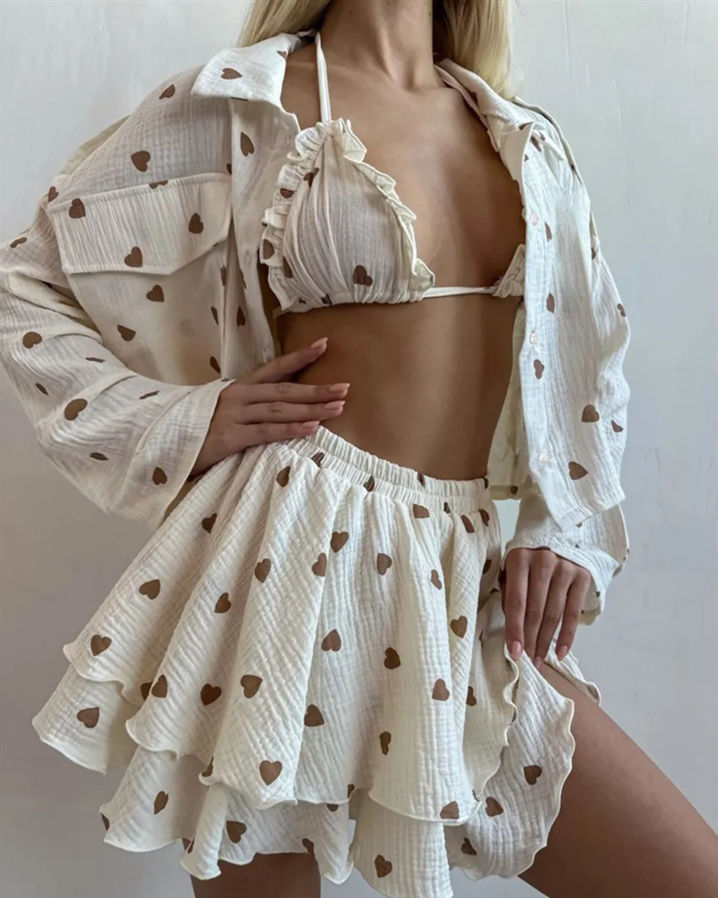 Heart Print Long Sleeve Top, Bikini Top & Mini Skirt – 3-Piece Cotton Set