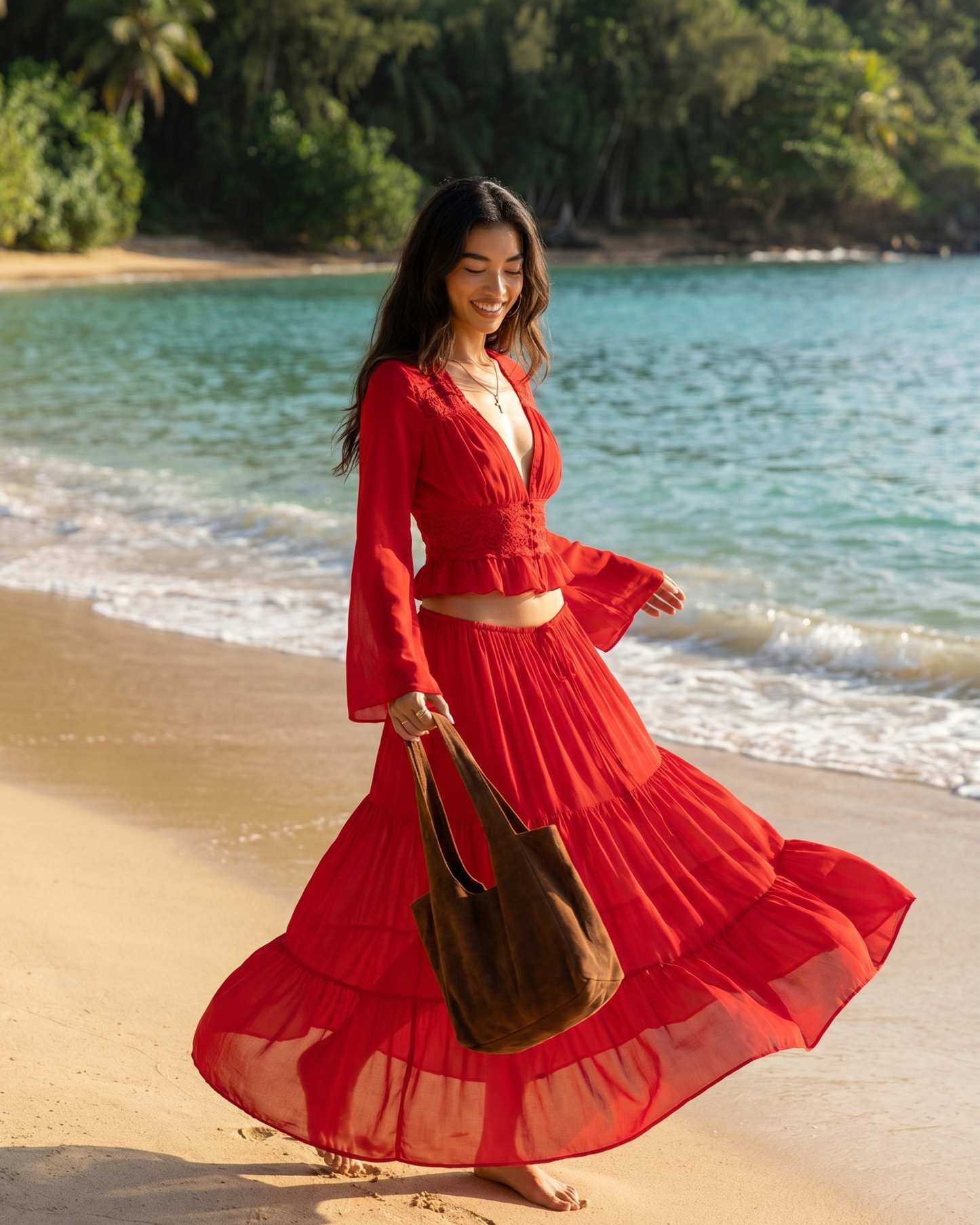 Bohemian Lace Two-Piece Maxi Set – Long Sleeve Crop Top and Tiered Skirt