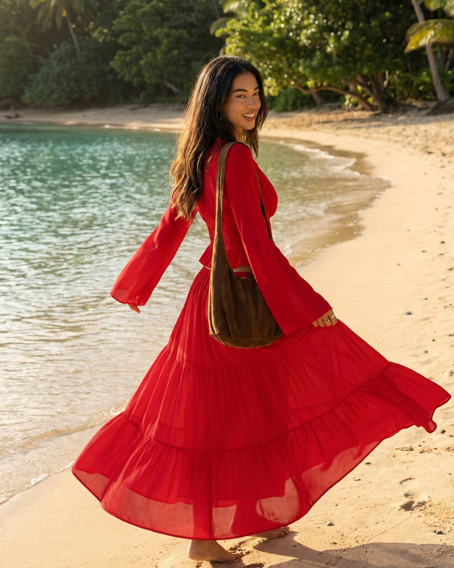 Bohemian Lace Two-Piece Maxi Set – Long Sleeve Crop Top and Tiered Skirt