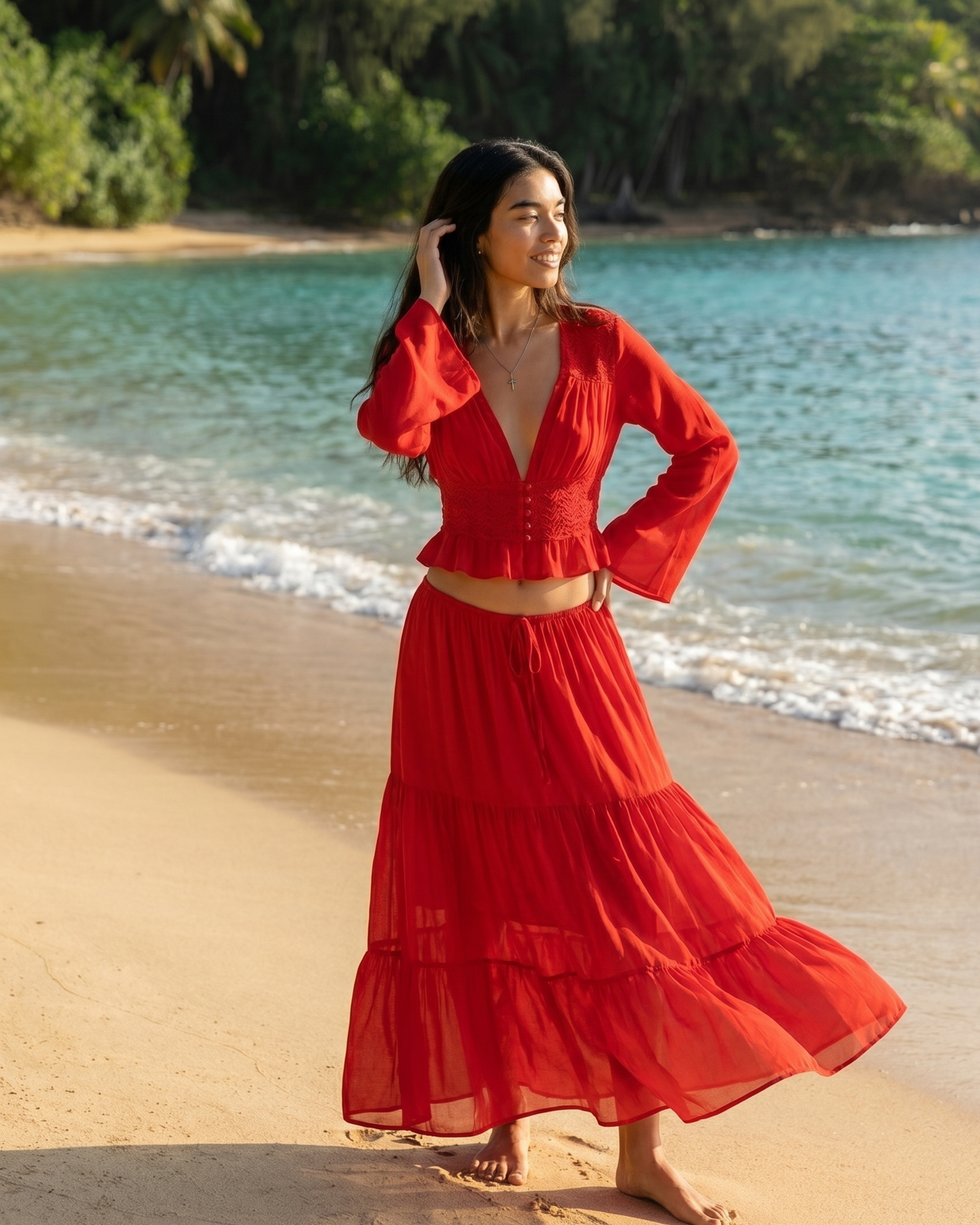 Bohemian Lace Two-Piece Maxi Set – Long Sleeve Crop Top and Tiered Skirt