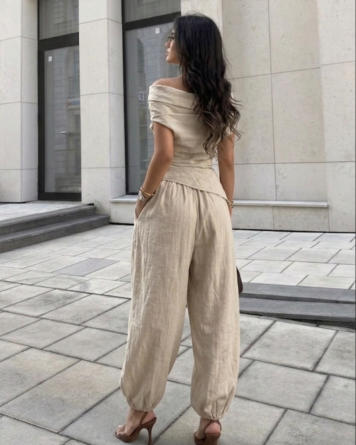 Woman’s Asymmetrical Khaki & Off white 2 two Pieces set One-Shoulder Draped Patchwork Top and Balloon Pants .