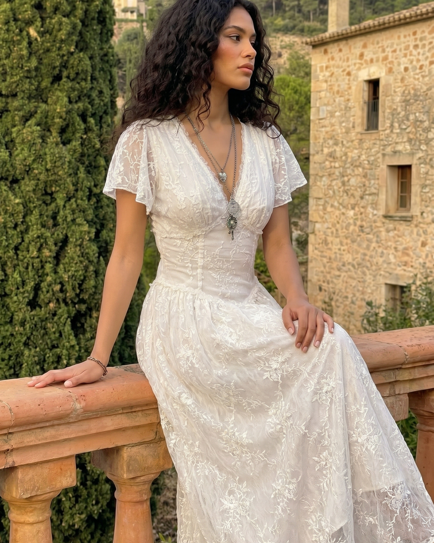 White Embroidered Rayon Blend Midi Dress