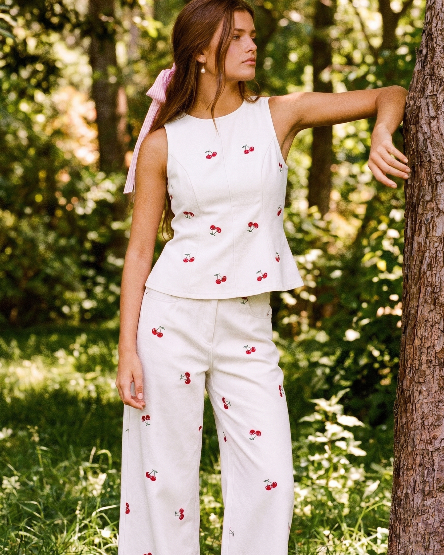 Cherry Print Two-Piece Set – Sleeveless Top and Wide-Leg Pants