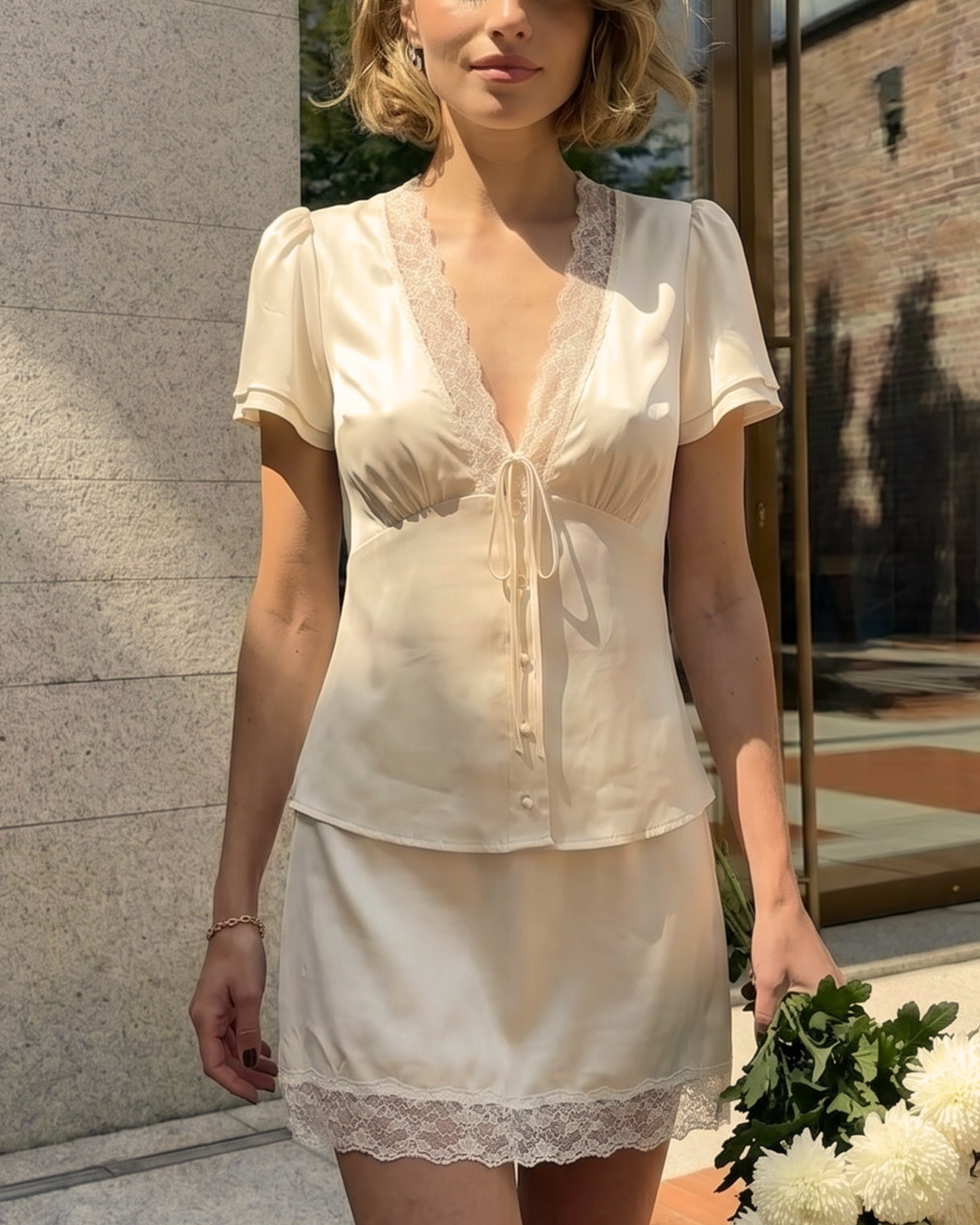 Damen-Fashion-Set mit taillenschnürender Spitze und kurzen Ärmeln