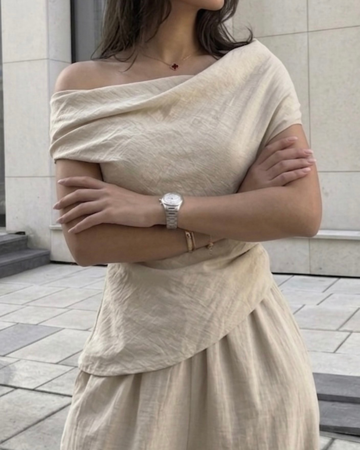 Woman’s Asymmetrical Khaki & Off white 2 two Pieces set One-Shoulder Draped Patchwork Top and Balloon Pants .