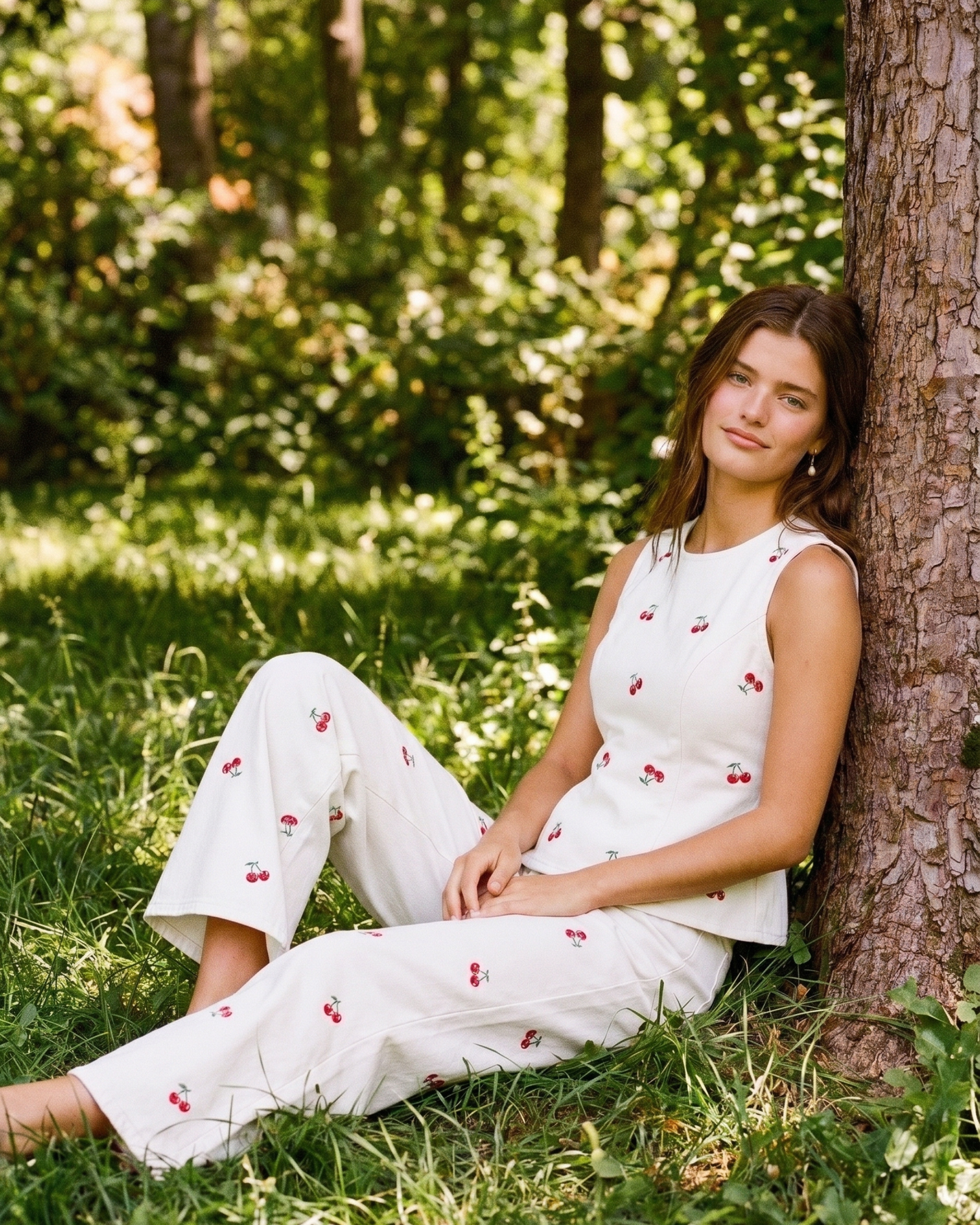 Cherry Print Two-Piece Set – Sleeveless Top and Wide-Leg Pants