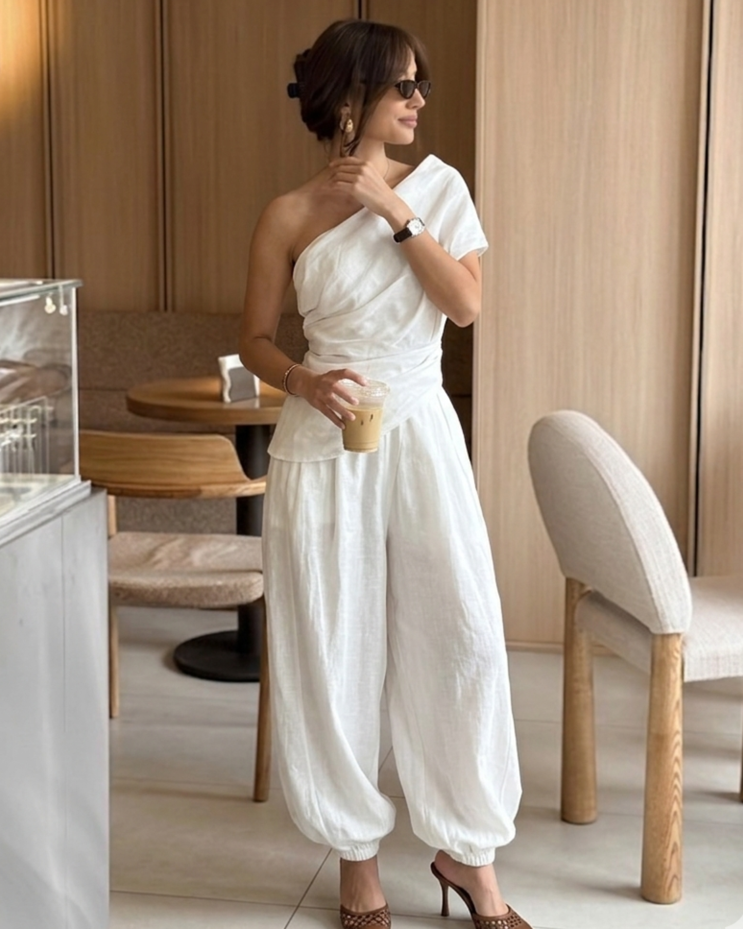 Woman’s Asymmetrical Khaki & Off white 2 two Pieces set One-Shoulder Draped Patchwork Top and Balloon Pants .