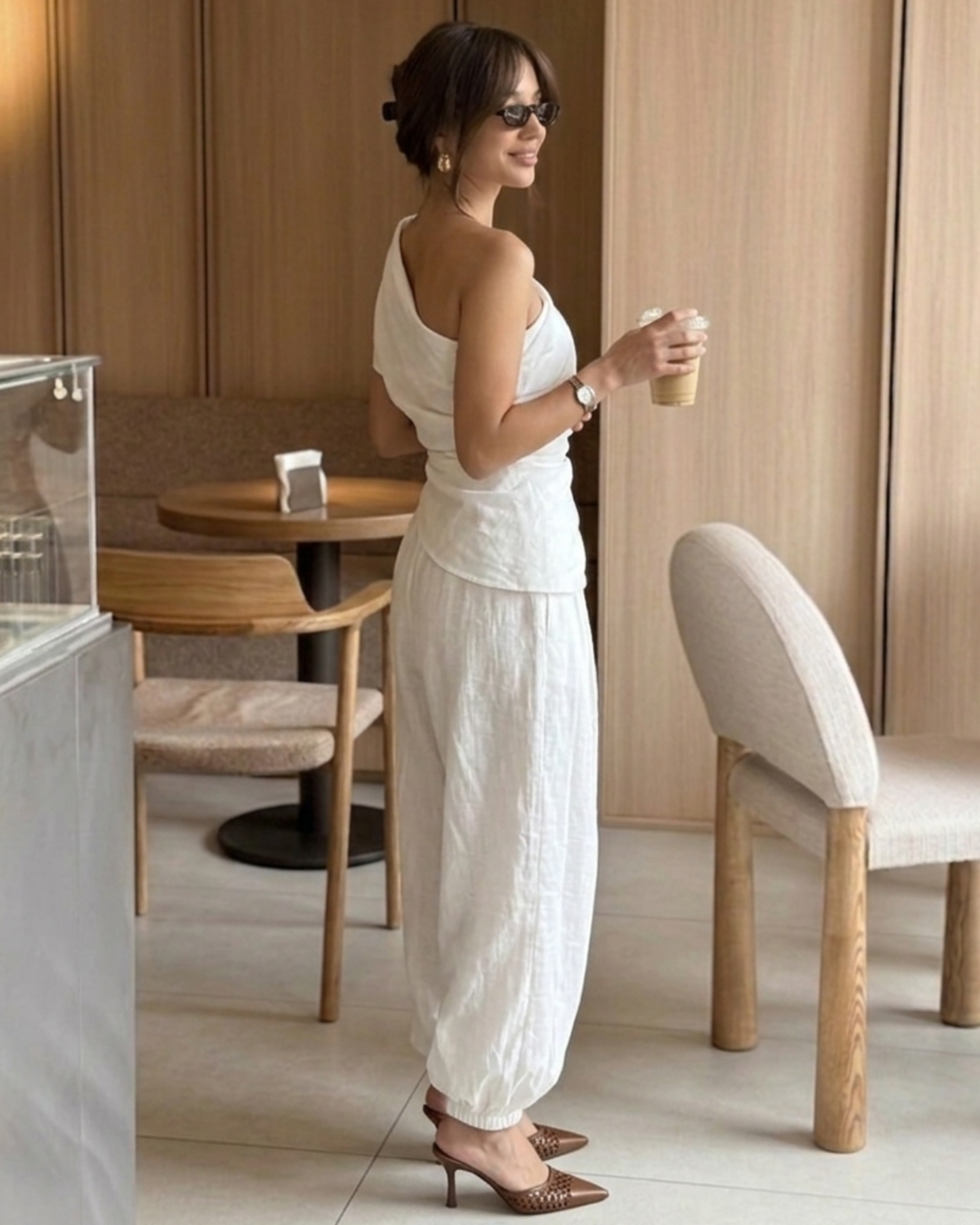 Woman’s Asymmetrical Khaki & Off white 2 two Pieces set One-Shoulder Draped Patchwork Top and Balloon Pants .