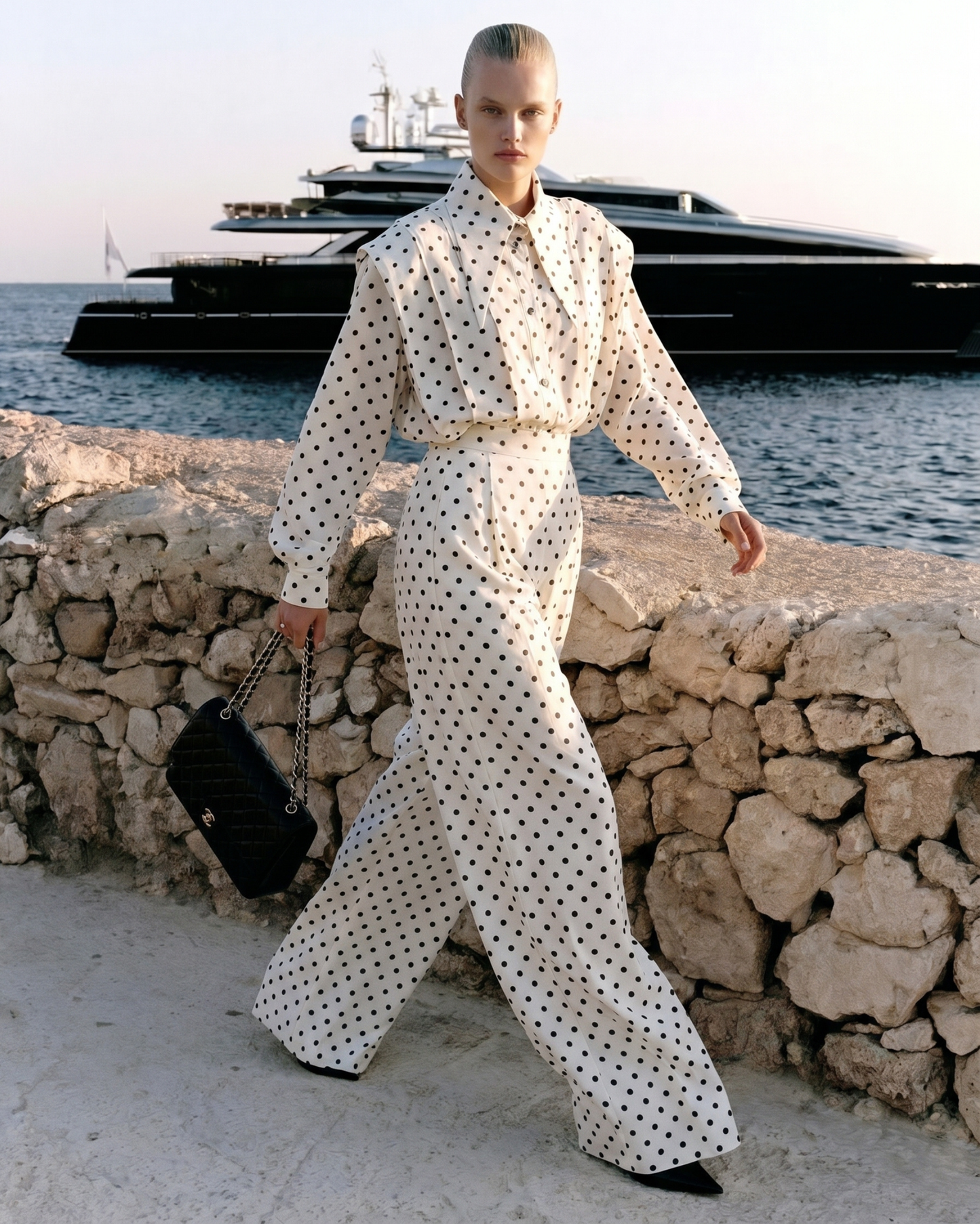 Polka Dot Two-Piece Wide-Leg Jumpsuit-Style Set
