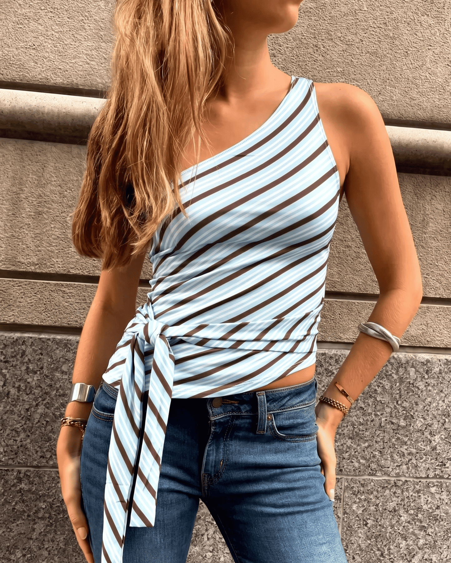 Ruffle Tank Top - Asymmetrical Striped Shoulder