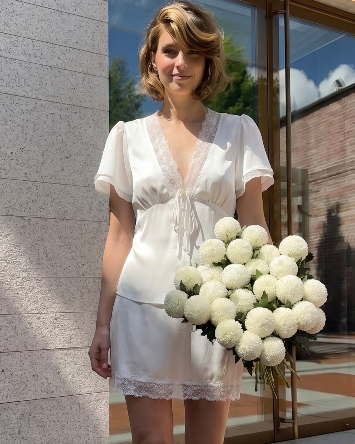 Damen-Fashion-Set mit taillenschnürender Spitze und kurzen Ärmeln