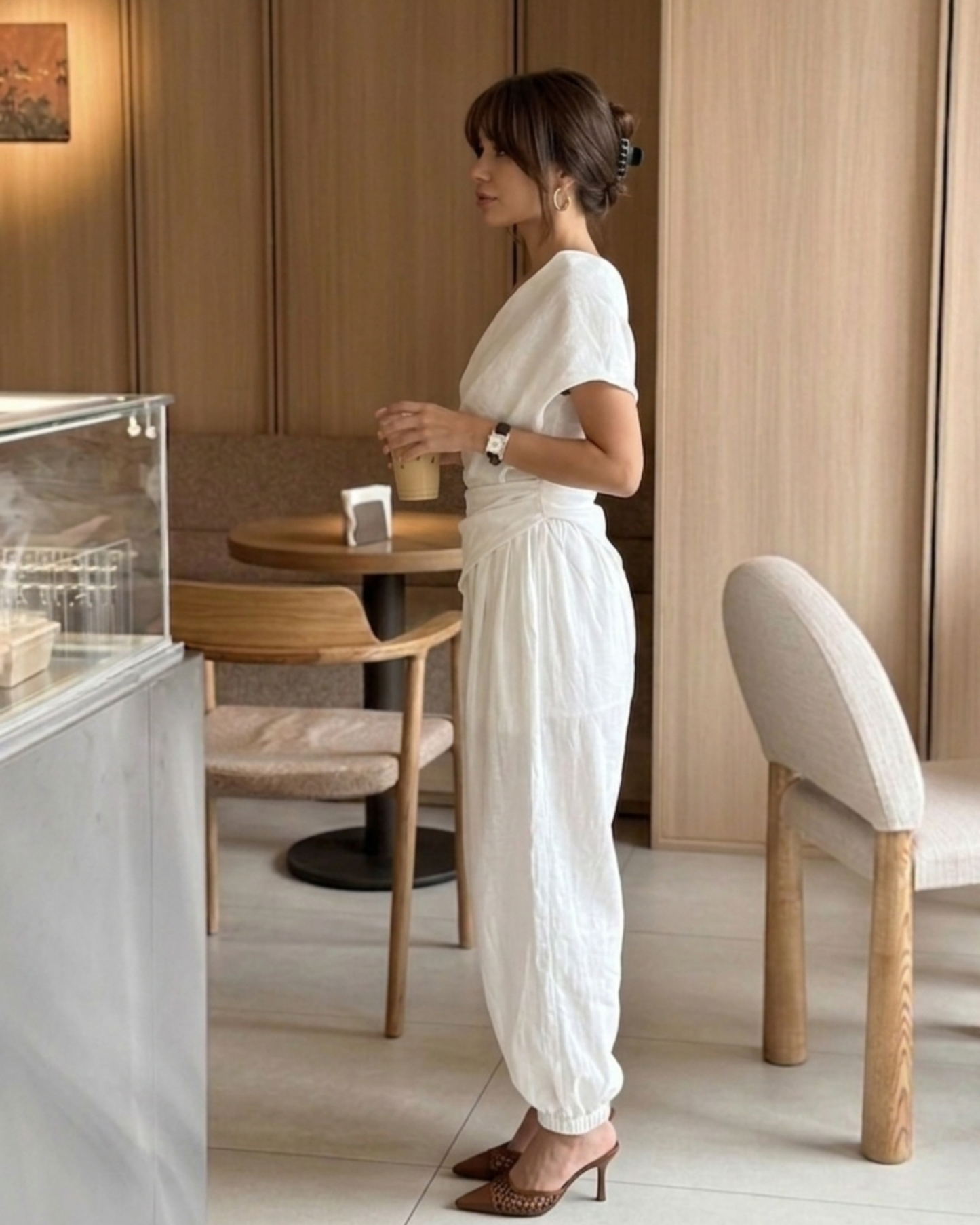 Woman’s Asymmetrical Khaki & Off white 2 two Pieces set One-Shoulder Draped Patchwork Top and Balloon Pants .