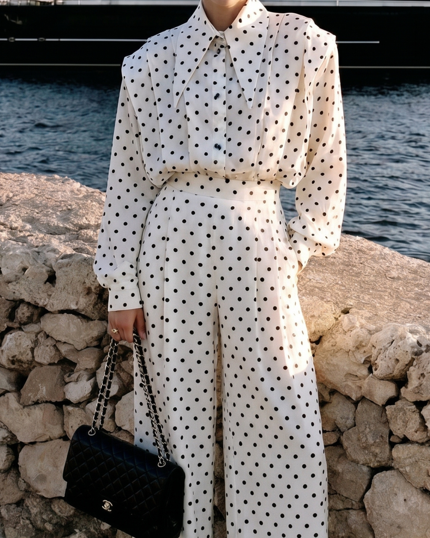 Polka Dot Two-Piece Wide-Leg Jumpsuit-Style Set