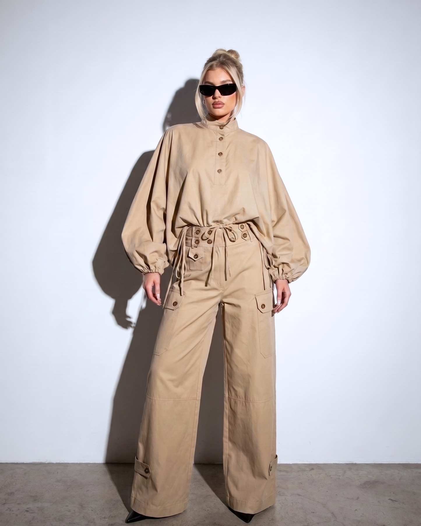Utility Two-Piece Set – Voluminous-Sleeve Crop Top & Trousers