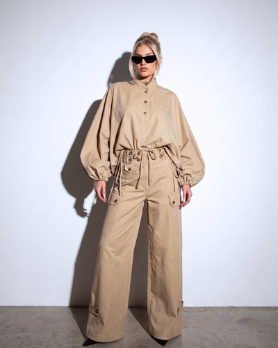 Utility Two-Piece Set – Voluminous-Sleeve Crop Top & Trousers