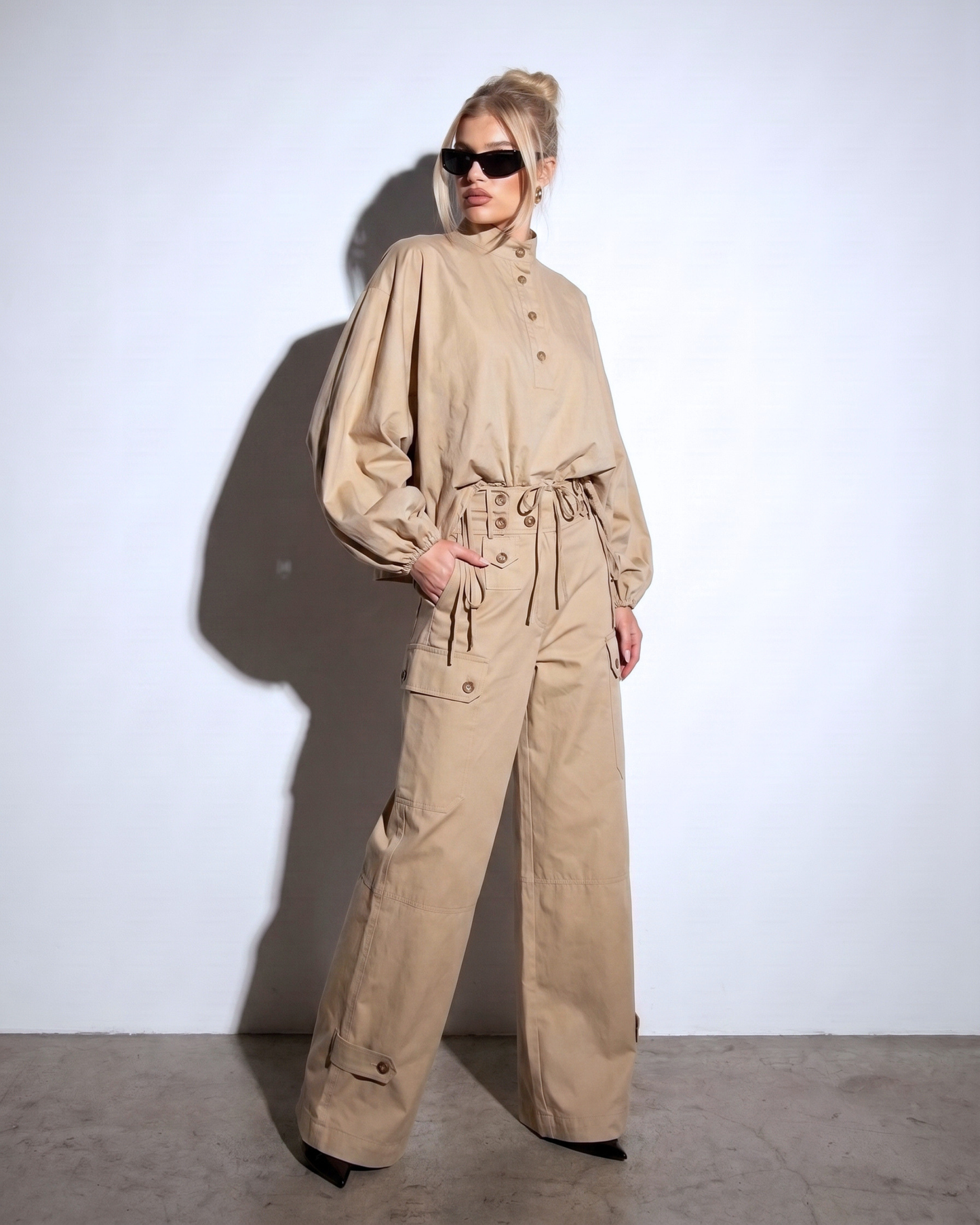 Utility Two-Piece Set – Voluminous-Sleeve Crop Top & Trousers