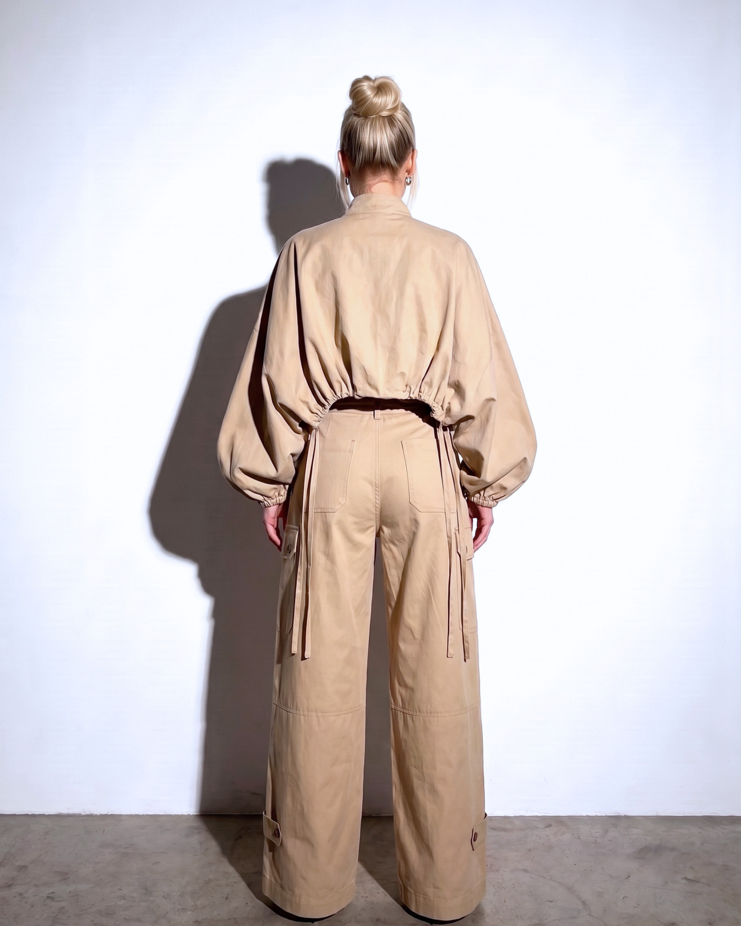 Utility Two-Piece Set – Voluminous-Sleeve Crop Top & Trousers
