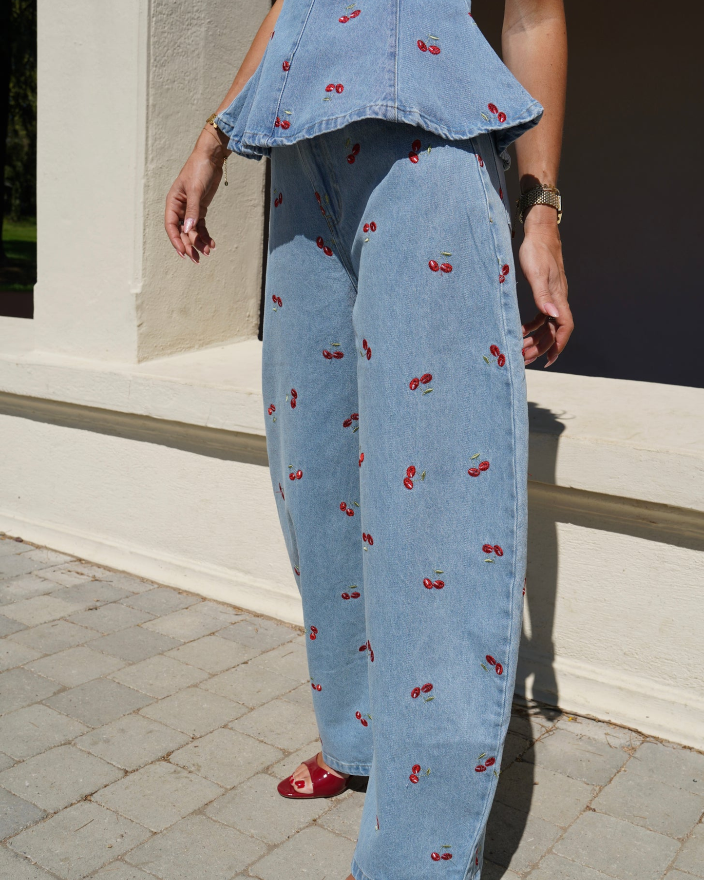 Cherry Print Denim Peplum Top & Wide-Leg Jeans Set