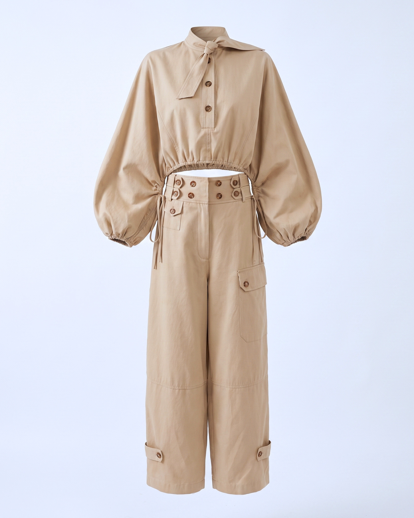 Utility Two-Piece Set – Voluminous-Sleeve Crop Top & Trousers
