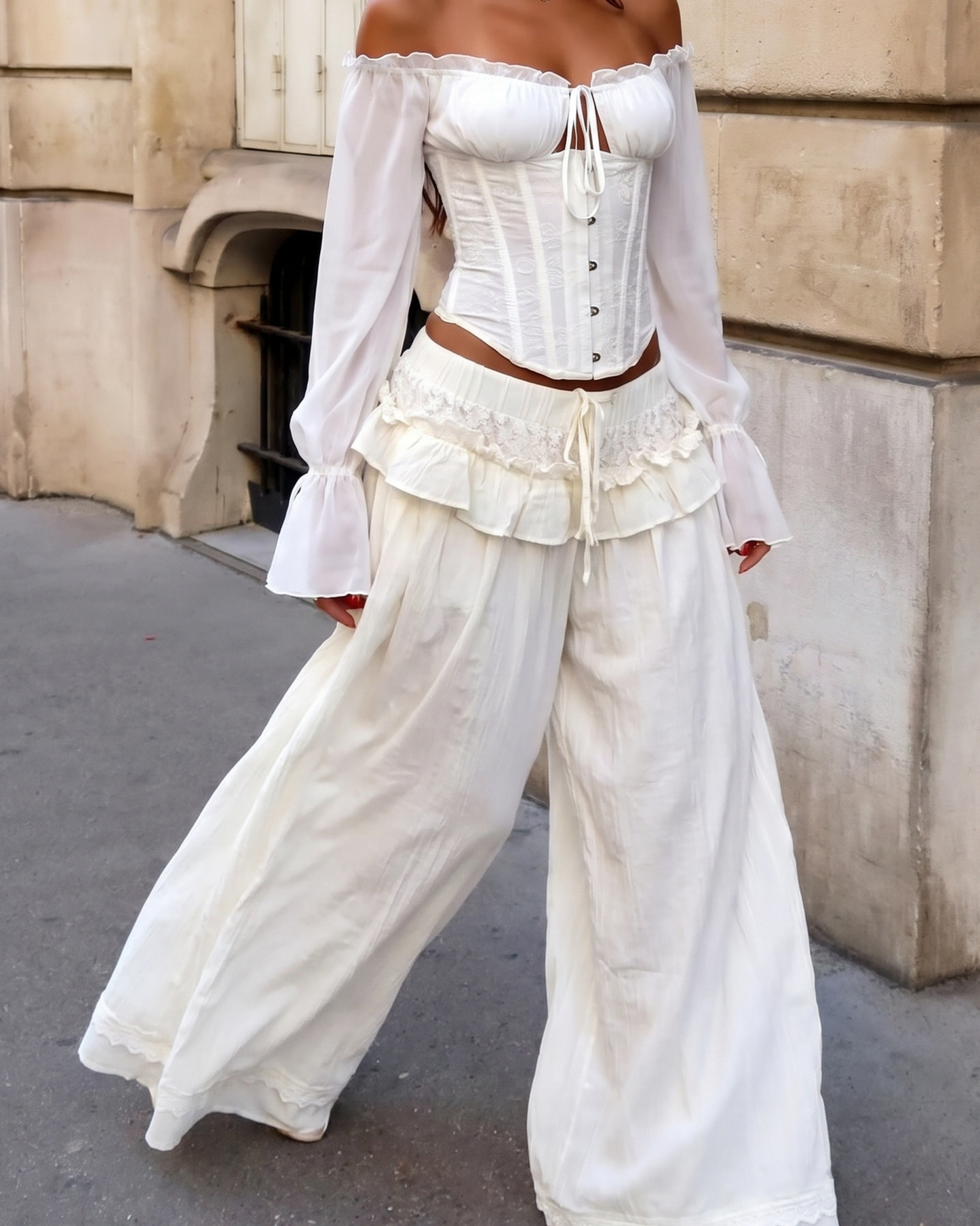 White Ruffled Wide-Leg Trousers