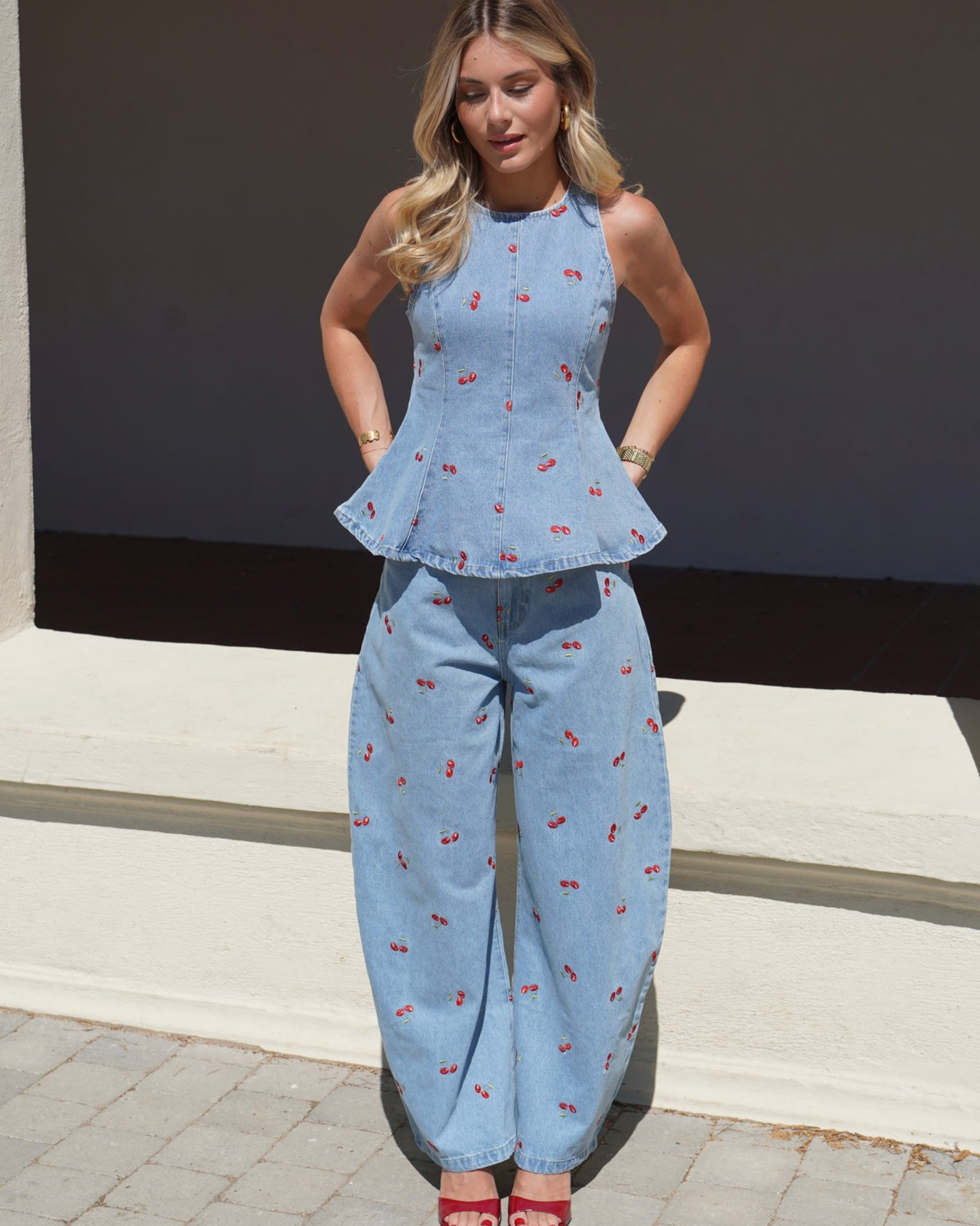 Cherry Print Denim Peplum Top & Wide-Leg Jeans Set