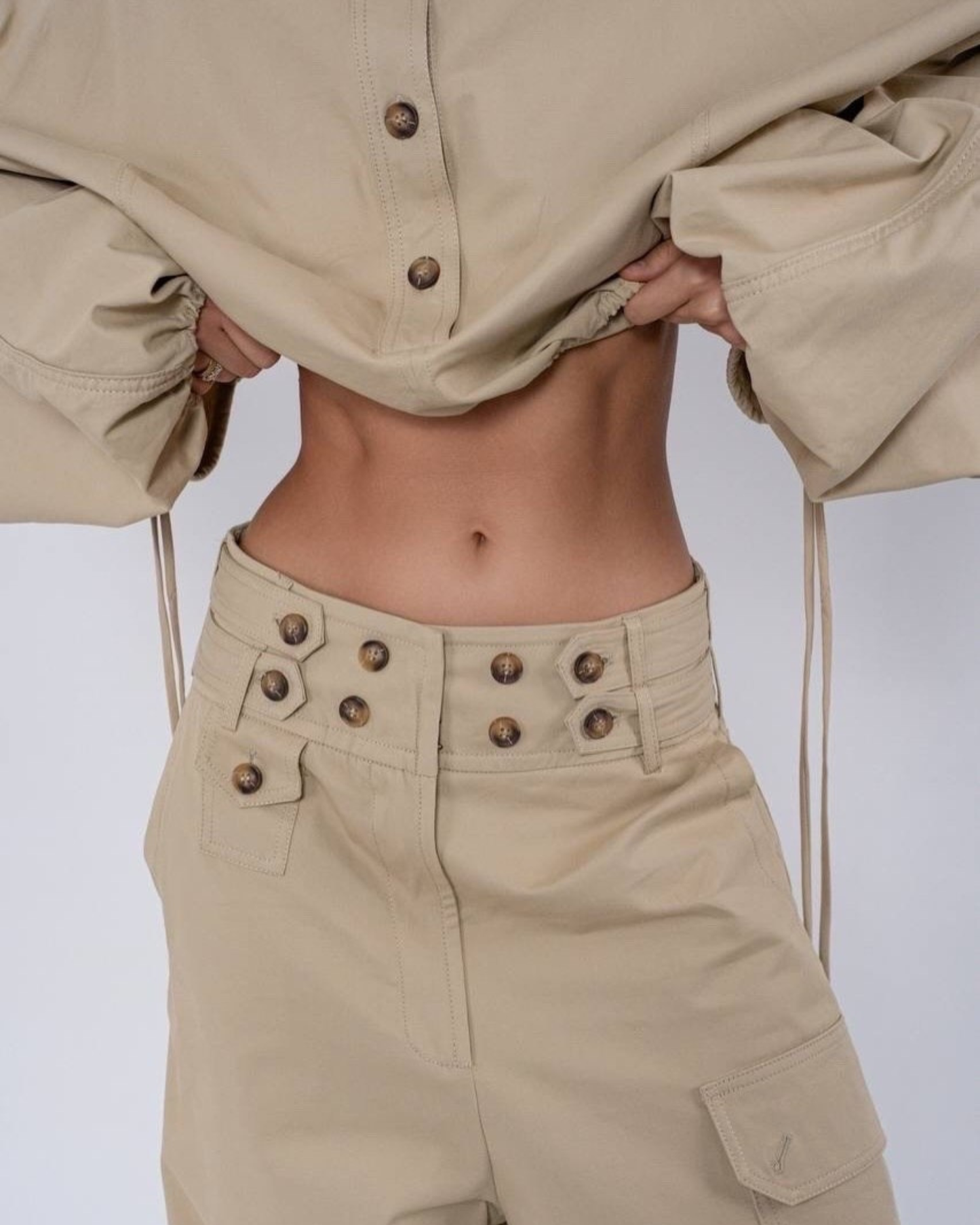 Utility Two-Piece Set – Voluminous-Sleeve Crop Top & Trousers