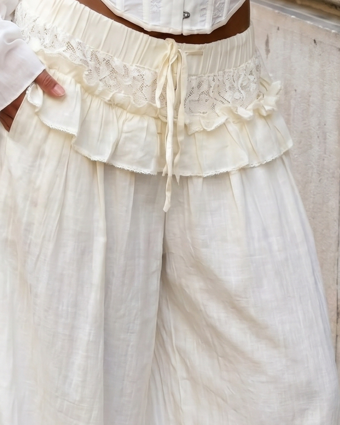 White Ruffled Wide-Leg Trousers