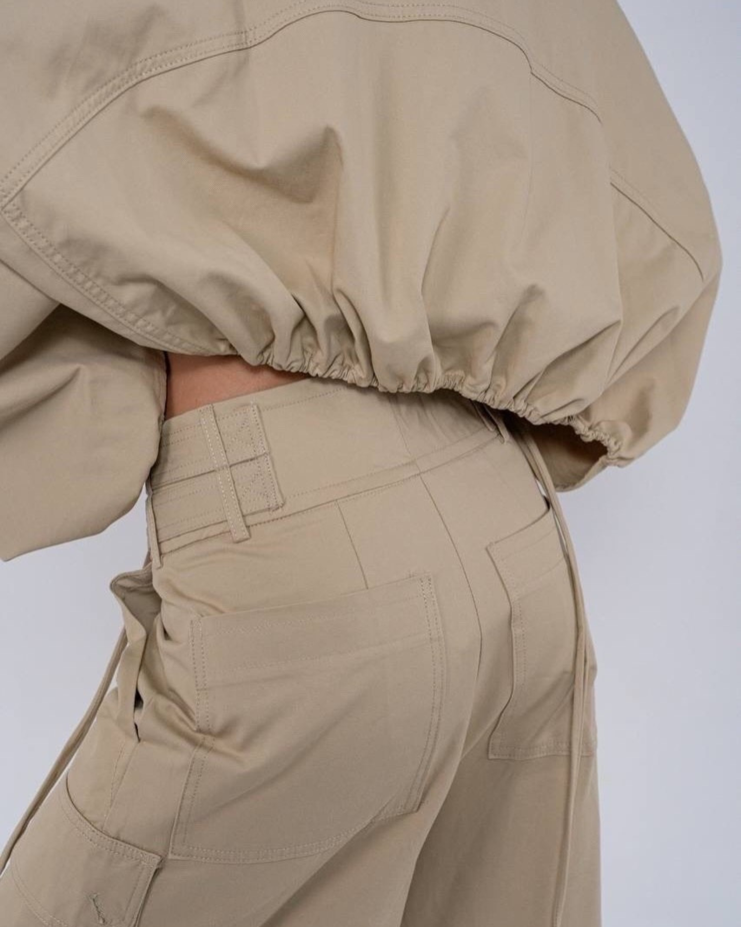 Utility Two-Piece Set – Voluminous-Sleeve Crop Top & Trousers