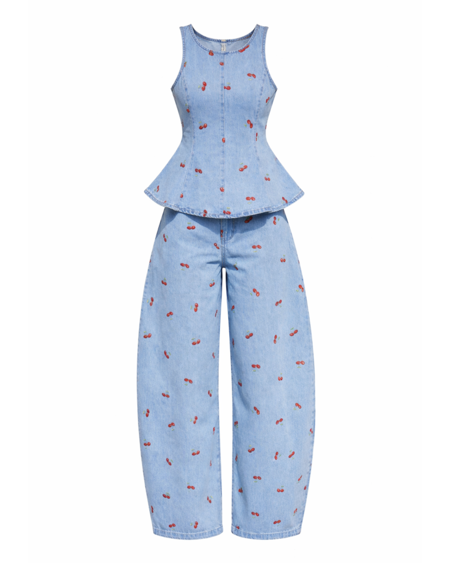 Cherry Print Denim Peplum Top & Wide-Leg Jeans Set