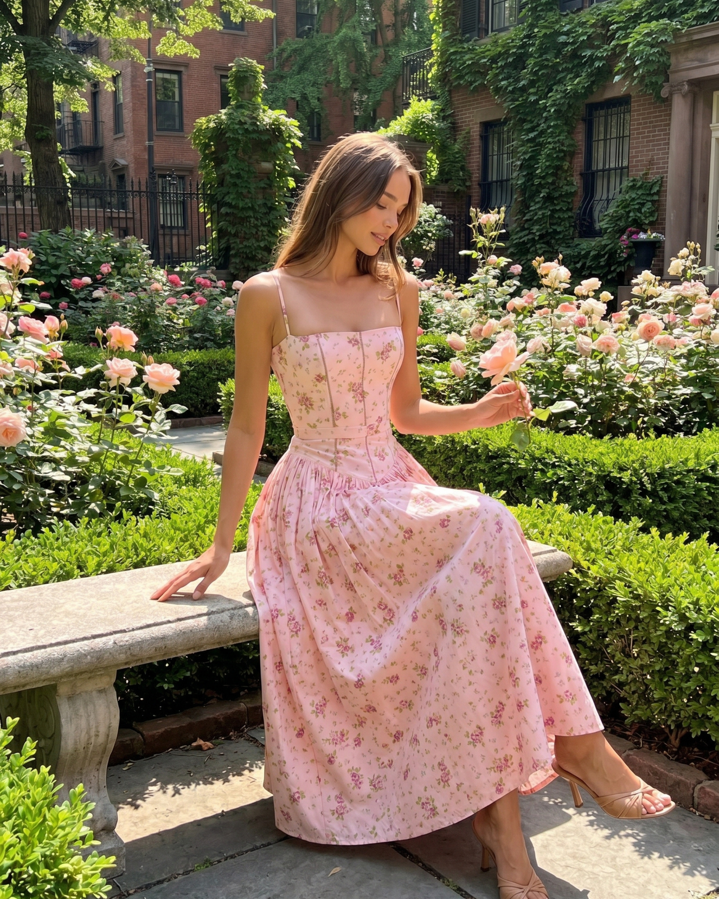 Elegant Midi Strap dress for Woman with floral print