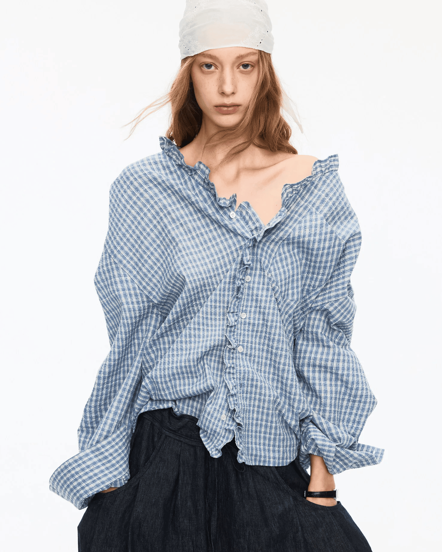 Oversized Plaid Ruffle Collar Shirt