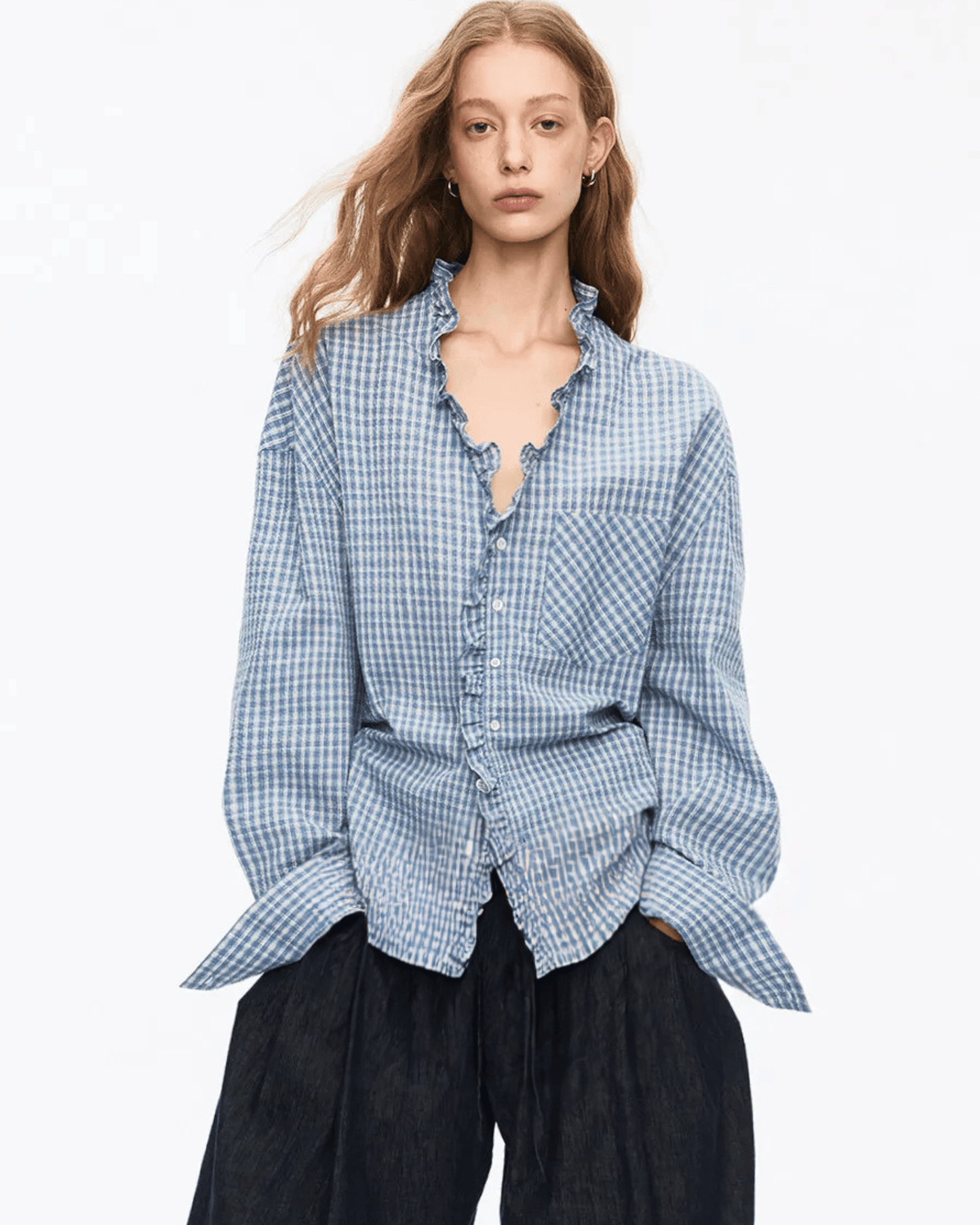 Oversized Plaid Ruffle Collar Shirt