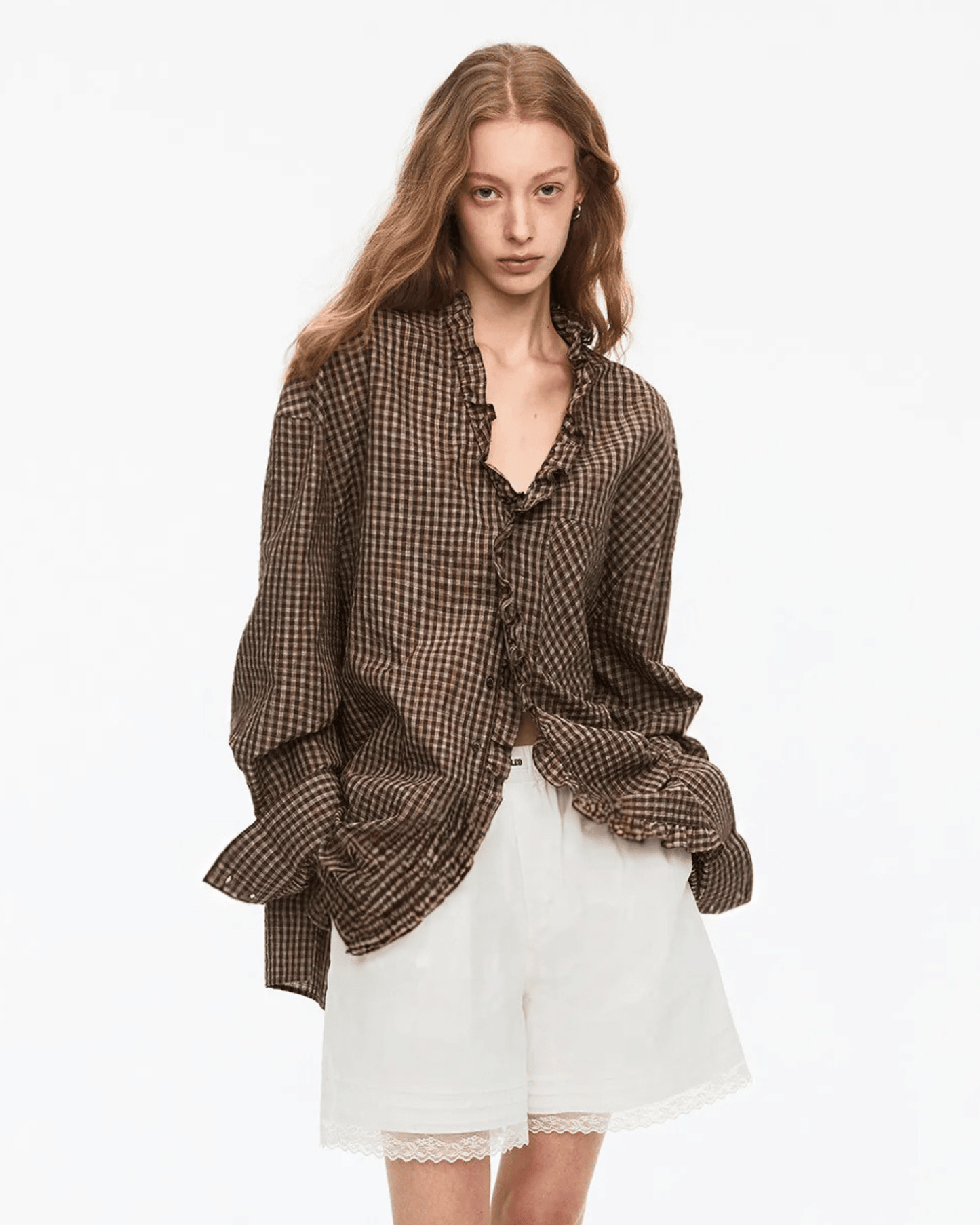 Oversized Plaid Ruffle Collar Shirt