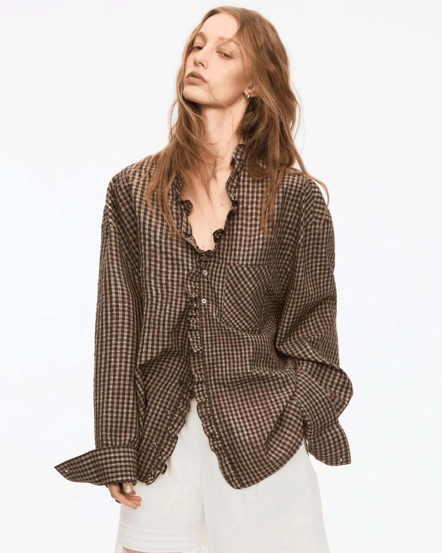 Oversized Plaid Ruffle Collar Shirt